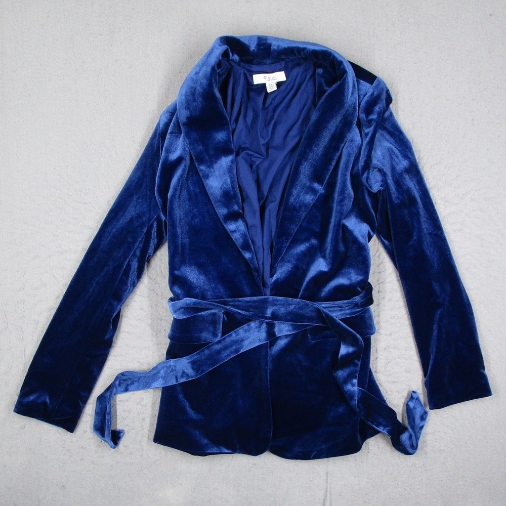 C by One Women Velvet Blazer Blue Belted Shawl Collar Jacket CHU33643 Small